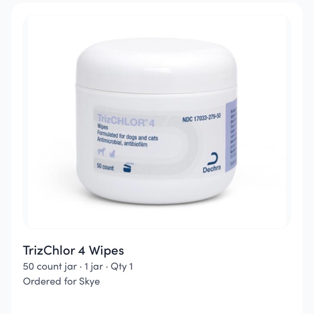 TrizCHLOR 4 Wipes Jar for ringworm in animals -cats dogs etc chlorhexidine